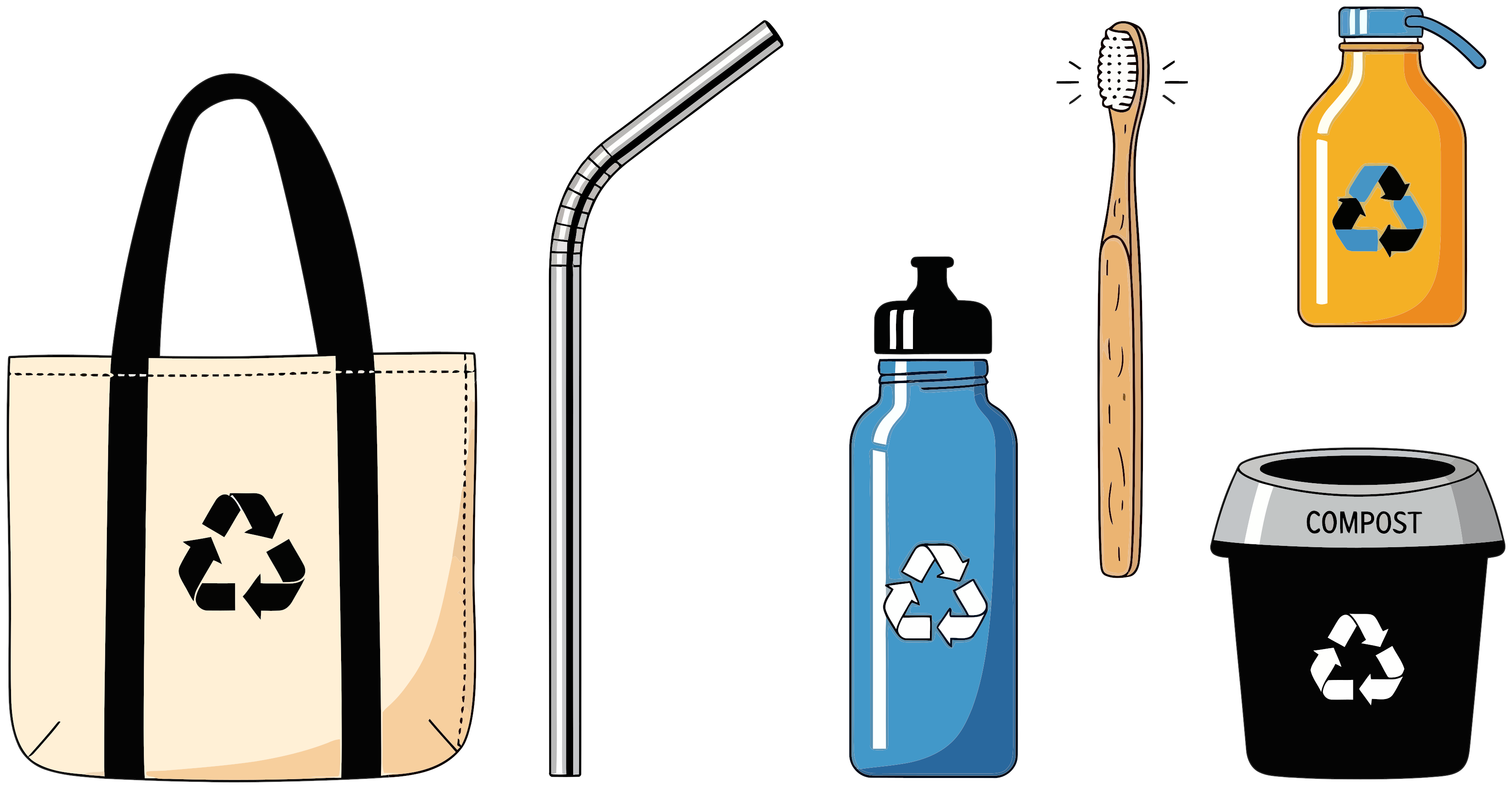 An illustration of an eco-friendly bag, a metal straw, a metal water bottle, a wooden toothpaste, a reusable jug and a recycling bin.